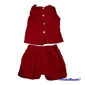 Cranberry Dark Burgundy Linen Muslin Short Set, 95% Cotton Baby 9-12 Mon…